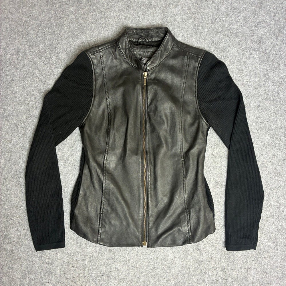 Jaclyn Smith Leather Knit Jacket Womens Small Black Excellent Mixed Media Moto